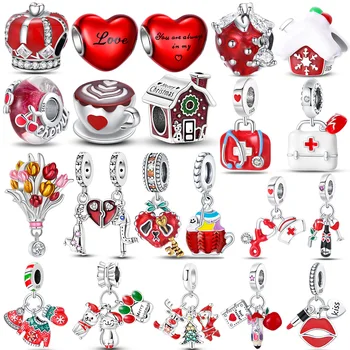 925 стерлинги Sliver червена корона сърце топчета чар Коледа висулка сексапил за Пандора оригинални гривни DIY бижута подаръци