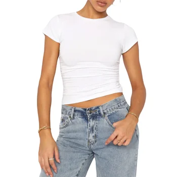 Жените плътен цвят основни тениски лято кръг врата къс ръкав еластична тънък годни кроп върховете случайни streetwear женски