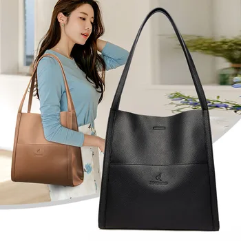 Луксозна дизайнерска дамска чанта за кофа 2023 Нова тенденция Дамска мека кожена чанта за рамо Дамска проста голяма чанта