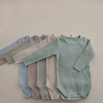 Есен новородени дрехи 0-24M бебе яма лента бебе гащеризон памук плътен цвят плета оребрени дълъг ръкав гащеризон бебе облекло