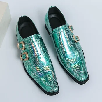 Риба мащаб модел мокасини PU мъжки обувки посочи двойна катарама мода нощен клуб стилист ежедневни обувки класически големи размери 37-46