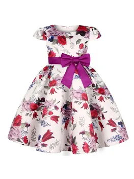 Girls Sleeveless Floral Print A-line рокля с къдрав подгъв и Bow акцент за летни партита и специални поводи