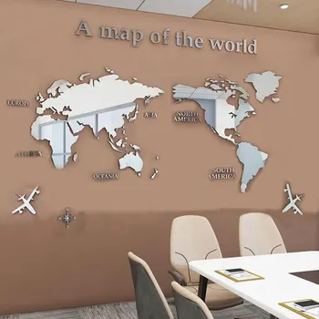Голям 3D карта на света стена стикери акрилни DIY кристал огледало стикери за офис диван телевизия фон стена декоративни стикери