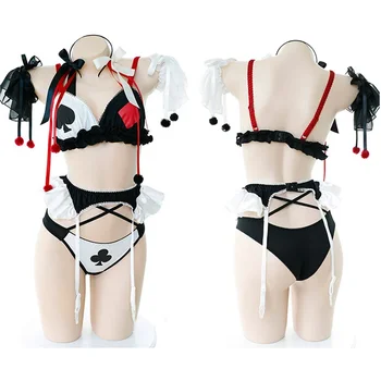 Аниме момичета косплей костюм секси клоуни покер бельо комплект Лолита бельо гащички робство Kawaii нощно облекло Caitsuit костюм