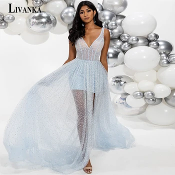 LIVANKA Изящни абитуриентски рокли с V-образно деколте за жена 2023 Rhinestpnes Вечерни рокли без ръкави Illusion Vestido de Fiesta по поръчка