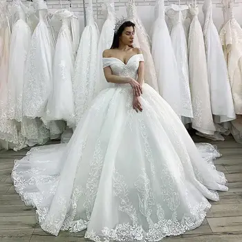 Луксозна сватбена рокля на принцеса с мъниста 2021 Дантелени апликации Дантела нагоре топка рокля илюзия булчински персонализирани Vestido де Noiva