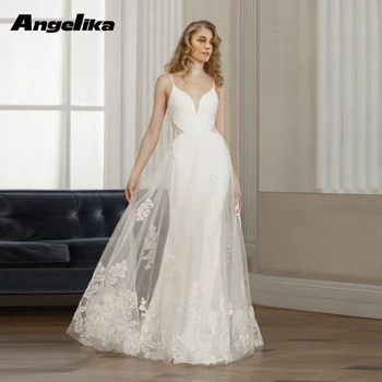 Angelika стилни спагети презрамки сватбени рокли за булката сатен тромпет без ръкави апликации без гръб vestidos de novia