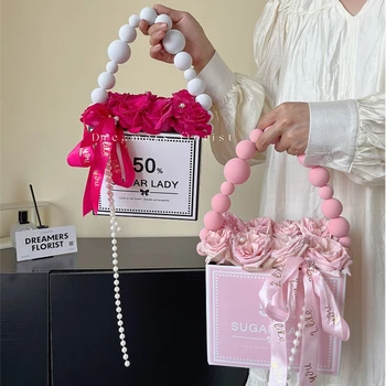 1Pcs преносима кутия за цветя с пяна перлена форма дръжка изкуство картон писмо релефни цветя чанта сватбено парти подаръци декор
