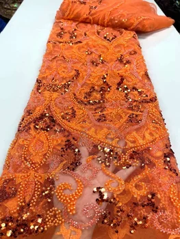 Луксозен нигерийски ръчно изработени мъниста дантела плат 2023 висококачествени пайети мъниста бродерия африкански френски дантела плат за рокля