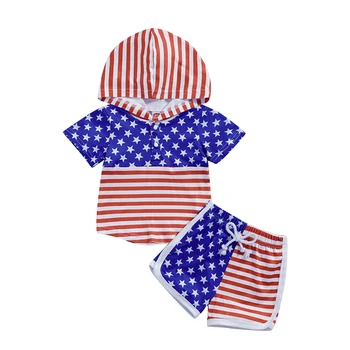 Ден на независимостта Малко дете Бебе Момчета 4-ти юли Екипировки Комплекти облекло Къс ръкав Звезди и райета Принт Топ + Комплект къси панталони