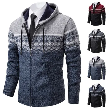 Мъжки удебелен пуловер жилетка палто есен зима руно топло качулка трикотажно яке случайни цип пуловер мъжки дрехи