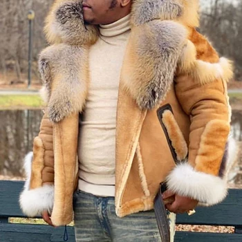Мъжко палто дрехи мода сгъсти зимата топло изкуствена кожа джоб палто яке мъжки луксозен пухкав плюшен яка ревера палто