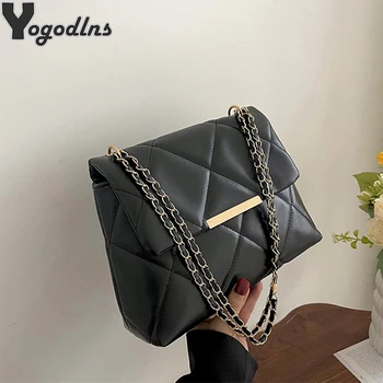 Черни луксозни чанти и чанта за жени PU кожа пратеник рамо чанта карирана жена ватирани марка crossbody чанта