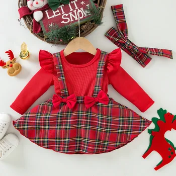 Новородени бебешки дрехи Коледни дрехи за новородени Бебешка обвивка Долна пола Дълъг ръкав Коледа парти лък карирана бебешка рокля