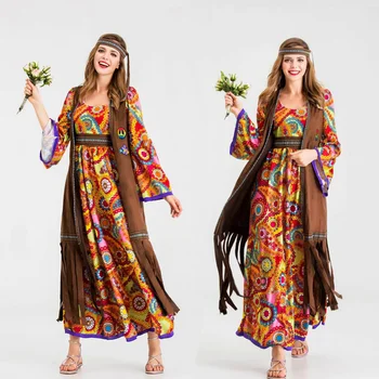 Нов Хелоуин жените хипи косплей костюм възрастен 70'S ретро дискотека дълъг ръкав отпечатани рокля жилетка Purim парти ролева игра костюм