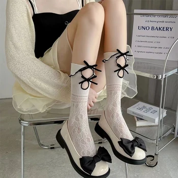 Двойна папийонка Mid Tube чорапи Lolita момичета къси чорапи лък възел кухи JK момичета теле чорапи свеж стил дълги чорапи теле чорапи
