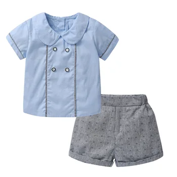 Момче облекло дизайнер лято небе синьо топ сиви шорти 1 2 години костюми за момче дете сладък деца момчета рокля дете момчета дрехи