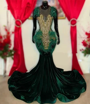 Glitter Diamond Hunter Green Long Prom Dress 2024 Кадифени кристали Мъниста пернат черно момиче Brithday парти рокля