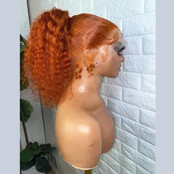 Preplucked Soft 180% Плътност 26Inch Long Ginger Orange Kinky Curly Natural Hairline Glueless Lace Front Wig For Women Babyhair