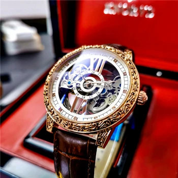Нов AOKULASIC часовник мъже кухи прозрачни часовници мода ретро издълбани случай автоматични механични ръчни часовници мъже Reloj Hombre
