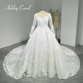 Ashley Carol Луксозна бална рокля Сватбена рокля 2023 Апликации 3D цветя принцеса дълъг ръкав кралска сватбена рокля Vestidos De Novia
