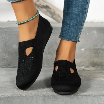 2023 Нов голям размер летящи тъкани дишащи нисък връх единични обувки жени плоски кухи плитки уста мързеливи мокасини обувки за жени