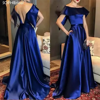 Нови вечерни рокли с рамо Robe de Soriee Елегантна кралско синя дълга сатенена официална вечерна рокля абитуриентска рокля Abendkleider