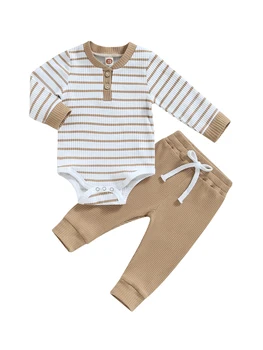 Baby Boy раиран плетен гащеризон с еластични панталони с шнур - комплект от 2 части за есенни и зимни тоалети