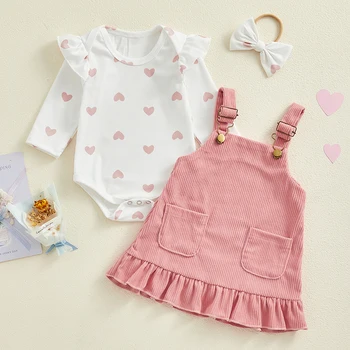 Infant Baby Girls 3Pcs пролетни тоалети дълъг ръкав сърце печат гащеризон + Suspender пола + лента за глава комплект новородени дрехи