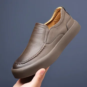 Мъжки ежедневни обувки от естествена кожа Есен Нова мода Прости обувки на платформа Street Cool Cow Leather Slip-on Loafers