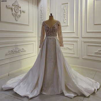 AM1311 V-образно деколте дълъг ръкав красива сатенена дантела сватбена рокля