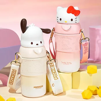 Sanrio Thermos Детска бутилка за вода от неръждаема стомана Красива сладка вакуумна чаша с голям капацитет Студентска слама Kuromi Hello Kitty