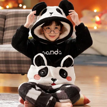 Детски момчета пижами карикатура панда пижами зимни топли детски дрехи сгъстяване фланела руно момичета спално облекло деца домашен костюм