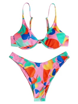 Дамски цветен печат оглавник врата бикини комплект с висока талия дъна - стилен бански костюм за летни плажни партита