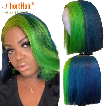 Green Blue Human Hair Wigs Transparent 13x4 дантелени фронтални перуки за жени Бразилски Straight Bob Wig Midnightblue ChartreuseColor