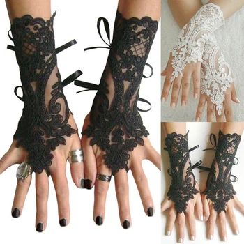 Сватбени ръкавици слонова кост бял черен булчински ръкавици момиче парти без пръсти къса дантелена ръкавица дами цвете Guantes сватбени аксесоари