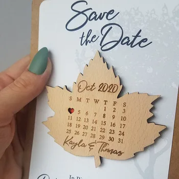 Календар Запазване на магнита за дата, формата на листа Запазване на датата, дърво на сърцето Запазване на датите, Сватба Благоприятства Селски дървен магнит