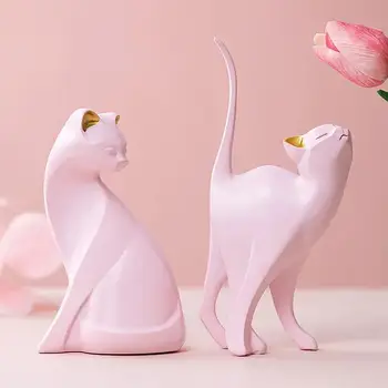 Розова омагьосваща котка Фигурка креативна домашна стая декор Маса Офис декорация статуя от животинска смола Занаяти Орнаменти сватбени подаръци