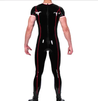 черен латекс котешки костюм гумено боди едно парче състезателен костюм с червена тапицерия за мъже обратно чатала цип