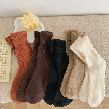 1 чифт сладки чорапи мляко чай серия плътен цвят средна тръба чорапи Ins модерен есен и зима кадифе удебелени чорапи
