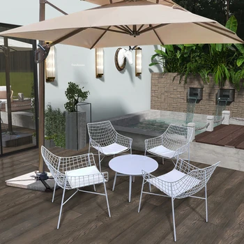 Начало Външни градински мебели комплекти Patio ковано желязо водоустойчив слънцезащитен шезлонг Nordic Cafe ресторант маса и столове