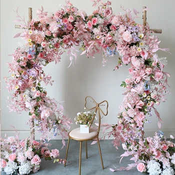 луксозен розов цветен аранжировка Добави Луната форма арка сватба фон цветя рафт събитие парти банкет сцена подпори