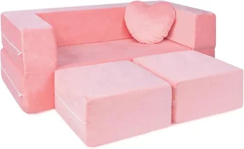 Детски диван - модулен детски диван за малко дете и бебешка стая за игри / мебели за спалня (розово) с бонус възглавница