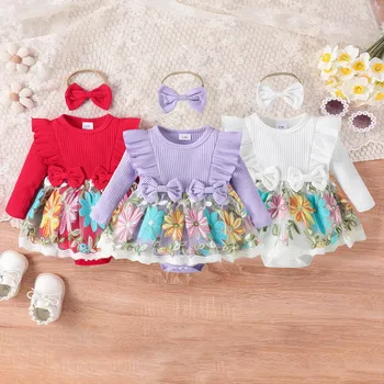 Есен бебе бебе момичета боди рокля дълъг ръкав флорални бродерии тюл пачуърк гащеризон лента за глава дрехи 2бр екипировки