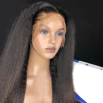 200Плътност мека дълга 28inch Yaki Kinky Straight Natural Black Deep Lace Front Wig For Women Babyhair Glueless Preplucked Daily