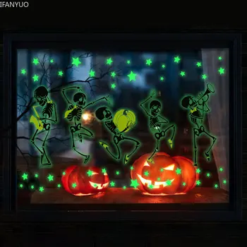 Черепна лента Скелет Възпроизвеждане на музика Тиква Светещи стикери за стена Хелоуин декорация Флуоресцентна детска стая Стикери Светят в тъмното