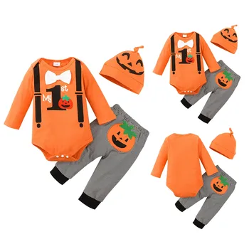 Малко дете момчета момичета комплект с шапка Хелоуин писмо тиква лък печат оранжево бебе момче рокля облекло момичета sweatpants и яке комплект