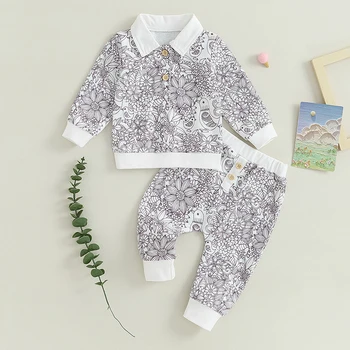 Малко дете бебе момчета флорални анцузи 2бр комплект бебешки копчета завой надолу яка дълъг ръкав суитчъри + дълги панталони облекло комплект
