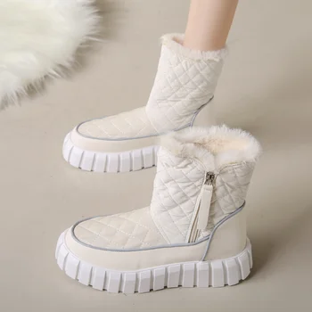 Водоустойчиви дамски ботуши за сняг 2023 Зимни неплъзгащи се дебели плюшени боти до глезена Дамски моден цип Поддържайте топли памучни подплатени обувки