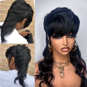 Pixie нарязани човешка коса перуки за жени вълнообразна вълна човешка коса перуки с пълен бретон машина направени перуки бразилски 200% плътност без лепило